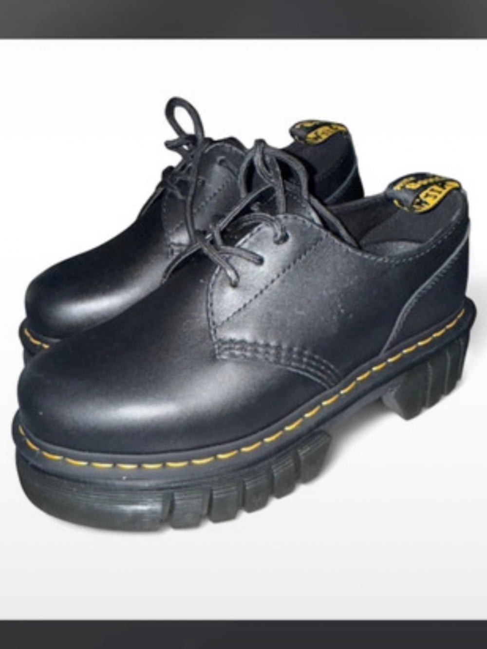 Dr. Martens Black Leather Lace-Up Boots with Yellow Heel Loop